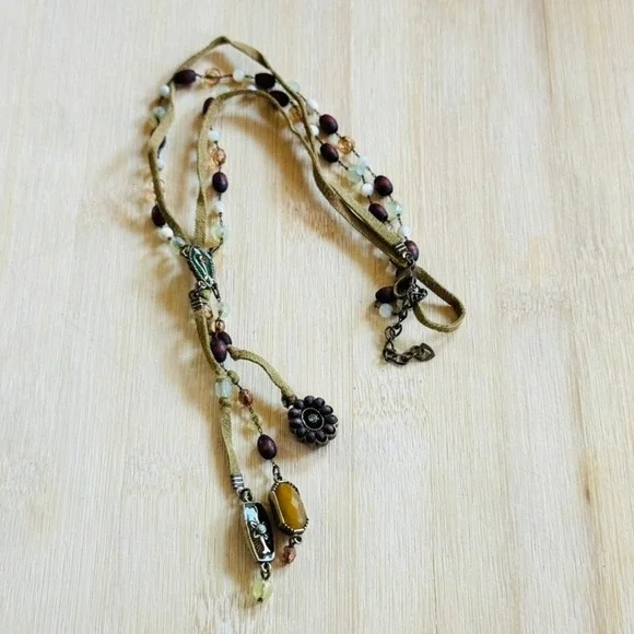 BOHO Y2K Tassel Groovy necklace Bronze Crystal Mother of pearl Indie Brass 17.5" - Picture 2 of 5